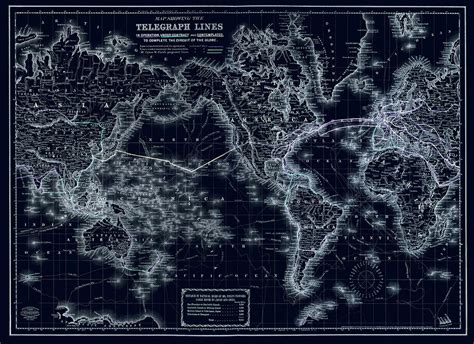 Telegraph Lines Map Of The World 1871 Vintage Style Fine Art Etsy World Map Map World