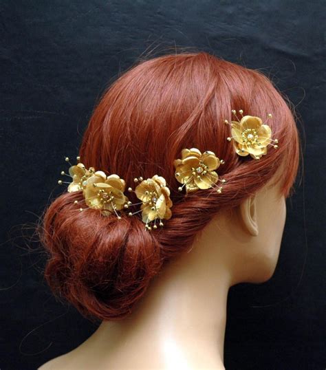 Gold Silk Flower Hair Pins Wedding Hair Accessories Set Of 5 Hair Clips Flower Hair Pins