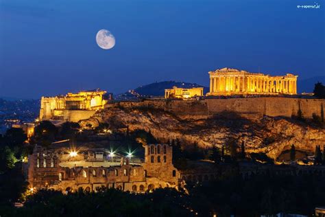 Księżyc Ateny Grecja Noc Ruiny Akropol ateński