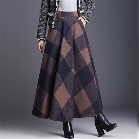 Vintage Plaid Skirt Women Autumn Winter England Style High Waist Long Woolen Skirt Elegant A