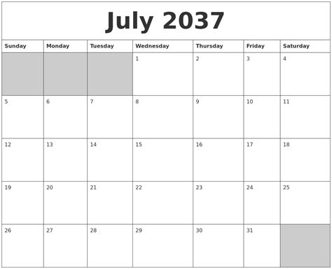 July 2037 Blank Printable Calendar