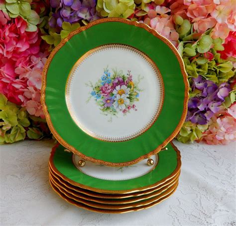6 Gorgeous Antique Limoges Porcelain Plates ~ Floral ~ Green ~ Gold