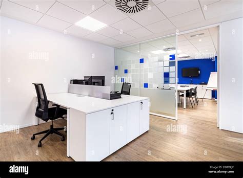 Empty Office With Work Spaces Modern Office Interior With Blue And