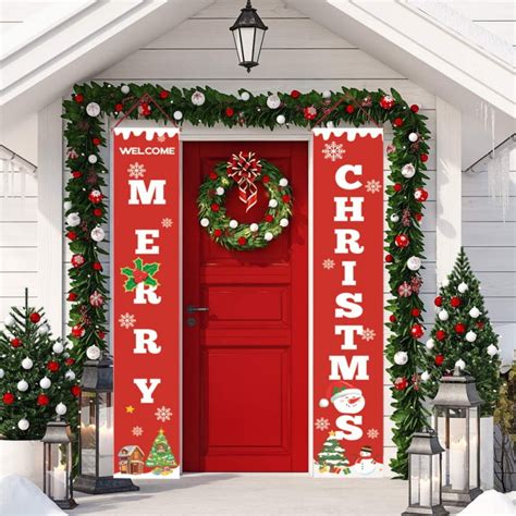 Welcome Merry Christmas Banner Red Xmas Decor Hanging Banner For