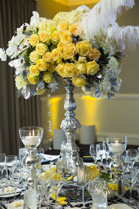 Reception Tables Were Covered With Black And White Damask Linens And