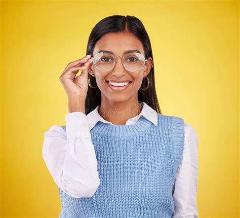 Glasses Happy And Portrait Of Woman In Studio For Eyewear Vision And