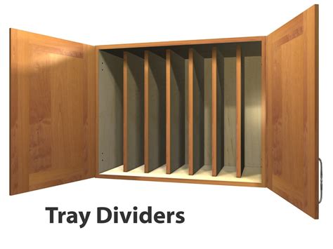 No trays extend past the dividers, even my largest pans (probably 18 long). 2 door wall cabinet with TRAY DIVIDERS