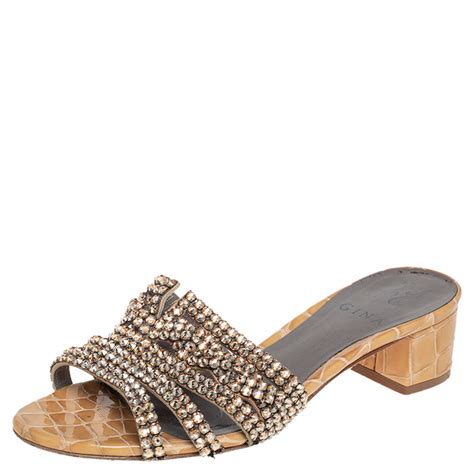 Gina Rose Gold Croc Embossed Leather Crystal Embellished Loren Slide Sandals Size 38 Gina The