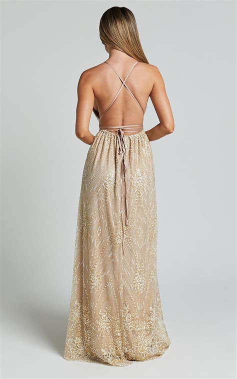 New York Nights Maxi Dress Sequin Plunge Cross Back Dress In Gold