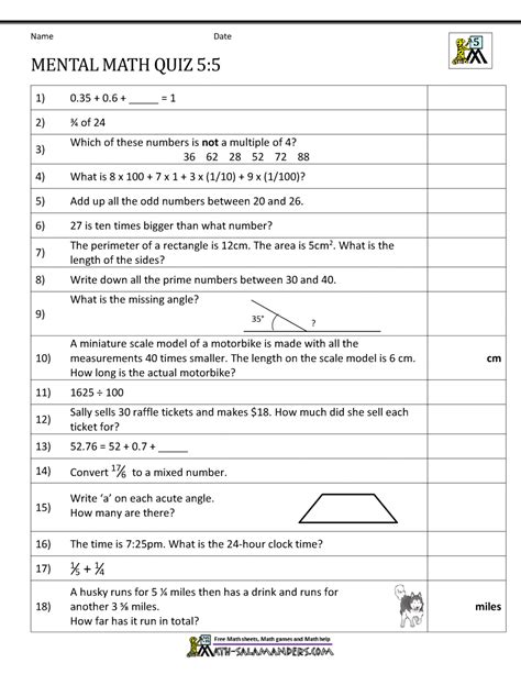 Mental Maths Practise Year 5 Worksheets 1b7