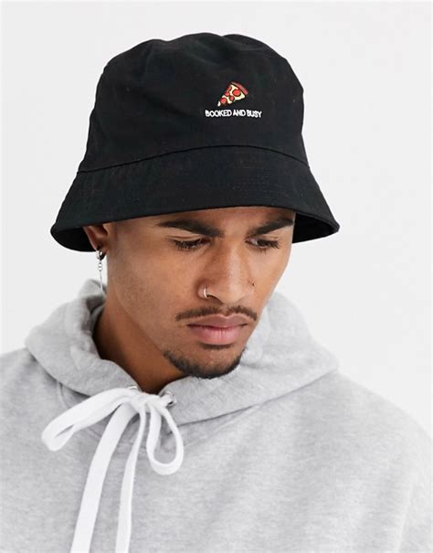 Asos Design Black Cotton Bucket Hat With Booked And Busy Embroidery Asos