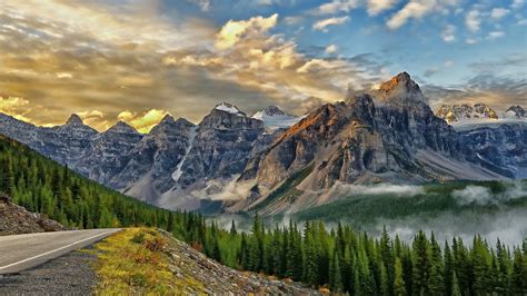 Mountain Peaks Forest Trees Clouds Beautiful Hd