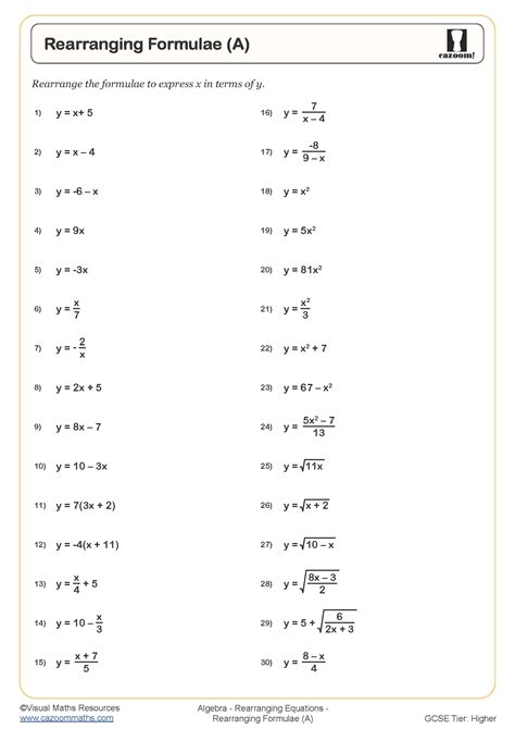 Rearranging Formulae A Cazoom Maths Worksheets