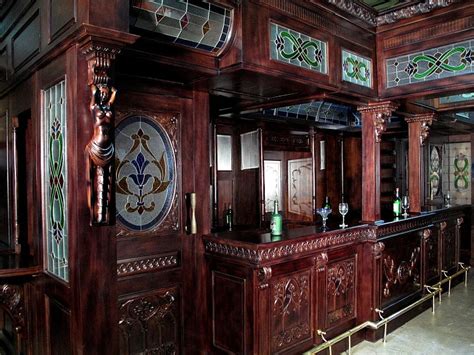 25ft Solid Mahogany Carved Canopy Home Pub Bar W Rails And Stained Glass
