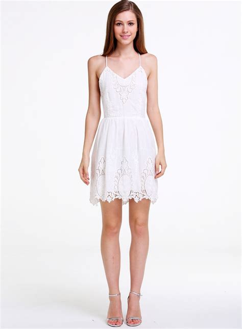 White Spaghetti Strap Backless Embroidered Dress