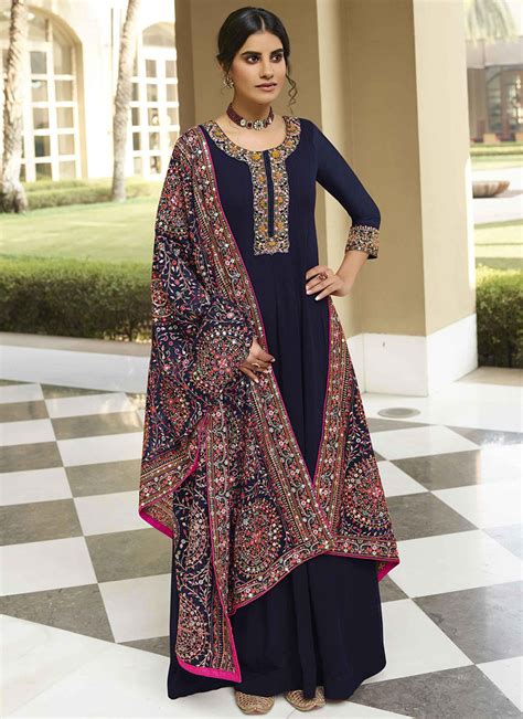 Buy Navy Blue Georgette Anarkali Suit After Six Wear Sequins Embroidered Anarkali Suit