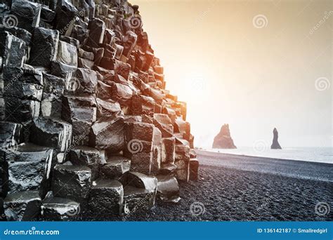 Reynisdrangar Rock Formations On Reynisfjara Beach In Iceland Stock