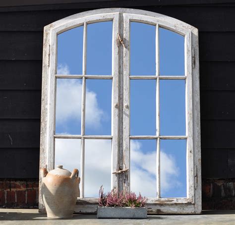 French Arched Timber Window Mirror With Original White Paintwork