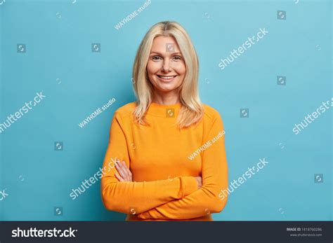 Portrait Good Looking Blonde Woman Stands Stock Photo 1818760286