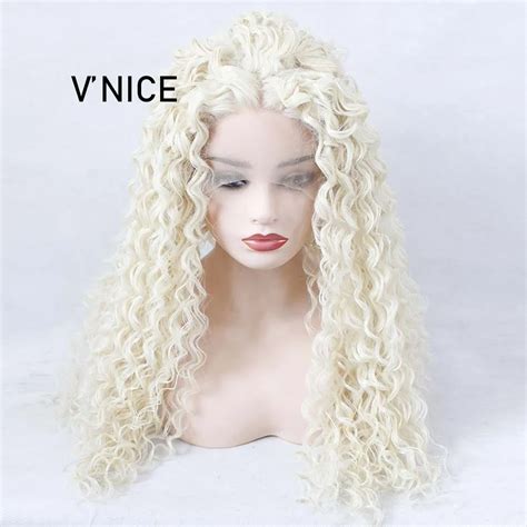 V Nice Platinum Blonde Kinky Curly Wig Color Long Synthetic Lace