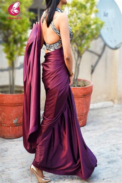 Buy Wine Satin Saree Online In India Colorauction Fancy Sarees Party Wear Saree Designs Party