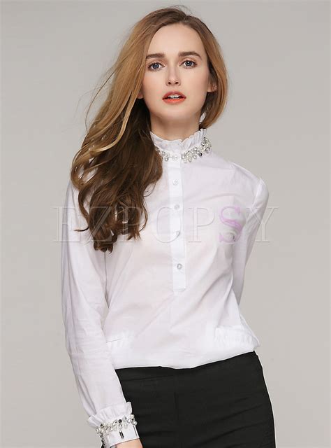 Tops Blouses White Stand Collar Bead Blouse