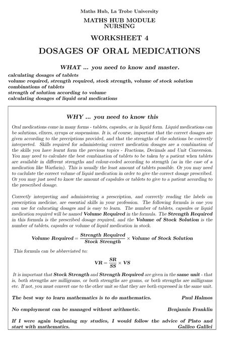 Mhm Nursing 4 Dosages Of Oral Medications Maths Hub La Trobe