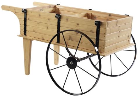 Wooden Flower Cart W 30” Steel Wheels Red Cedar Wooden Flowers