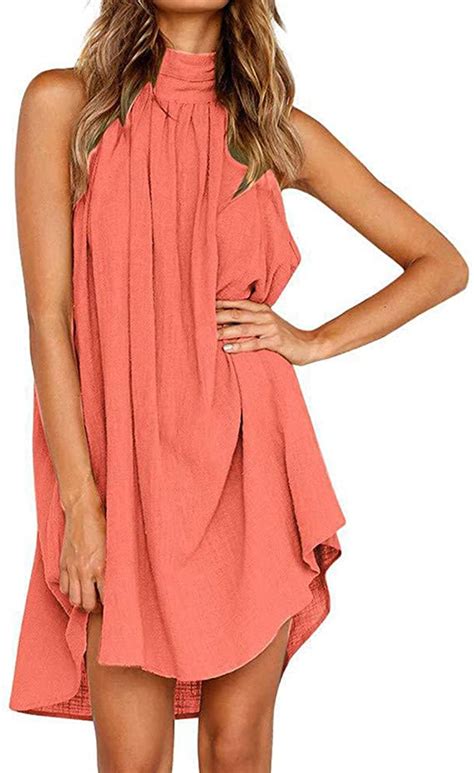 Eishow Womens Summer Swing Dresses Sleeveless Casual O Neck Loose Cotton Linen Beach Holiday