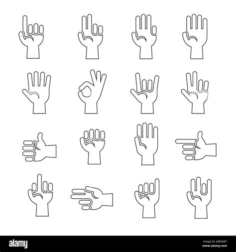 Line Art Hands Gestures Vector Icons Set In Black And White