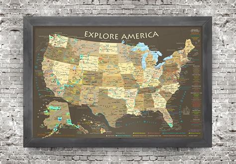 Explore America Usa Map Brown Edition Framed Push Pin Map