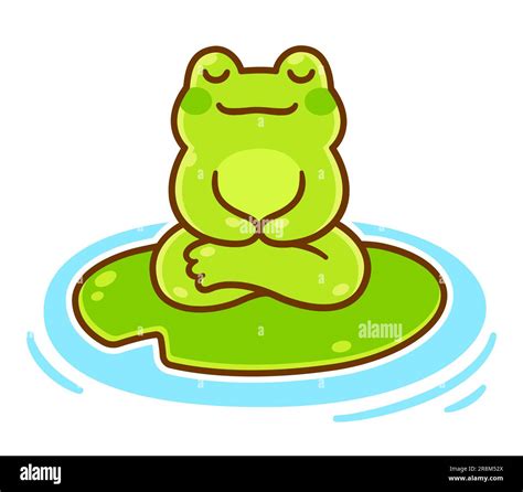 Cute Little Cartoon Frog Sitting In Meditation On Lily Pad Adorable