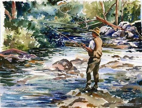 Fly Fishing On The Lake Watercolor Painting Print 1200 Via Etsy