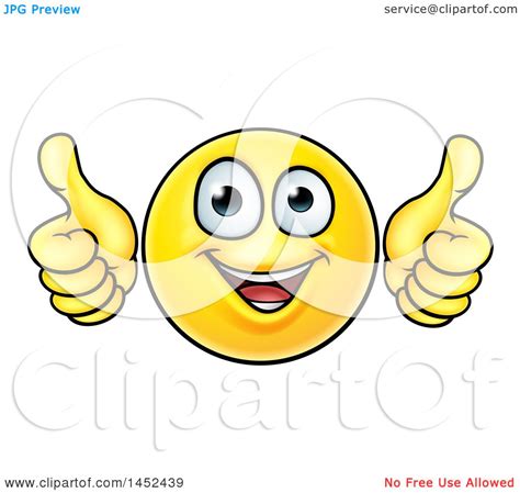 clipart of a cartoon happy yellow emoji smiley face emoticon holding two thumbs up royalty