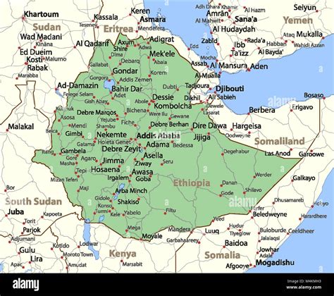 Map Of Ethiopia Shows Country Borders Urban Areas Place Names And
