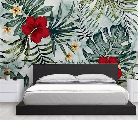 Hand Painted Tropical Floral Wallpaper Removable Fabric Wall Etsy In