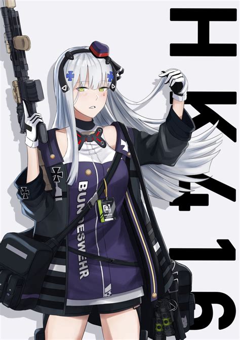 safebooru 1girl o assault rifle bag bangs black ribbon breasts character name crossed bangs