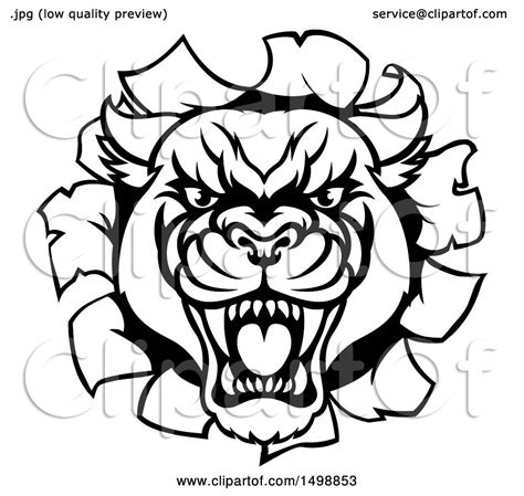 Clipart Of A Black And White Roaring Panther Mascot Breaking Through A