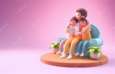 Madre Con Ella Hijos 3d Ilustración Foto Premium