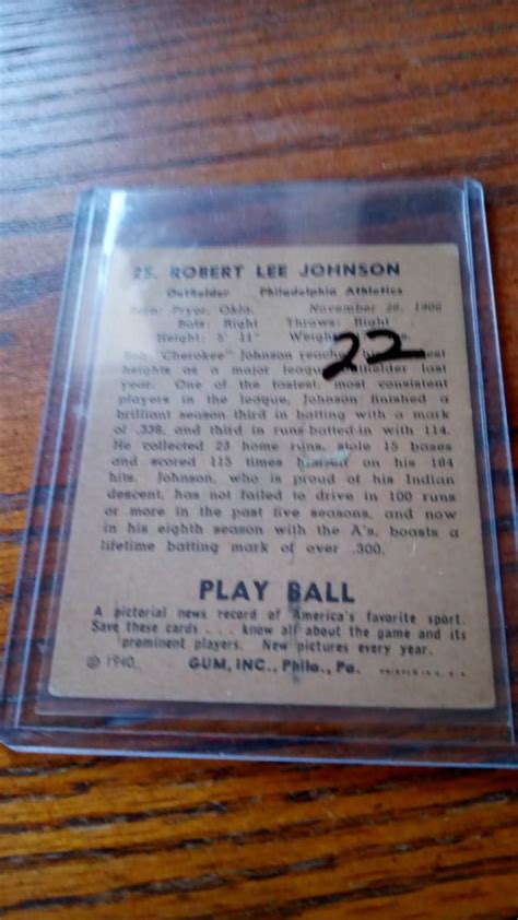 Lot 18 1940 Cherokee Bob Johnson Baseball Card