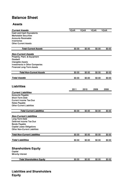 Printable Balance Sheet Template Fillable