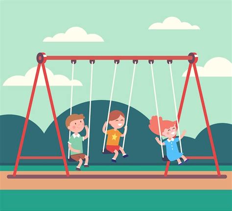 Three Kids Boys And Girl Swinging In Public Park Vector Free Download