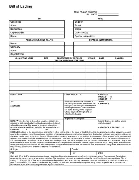 Printable Blank Bill Of Lading Form Printable Forms Free Online