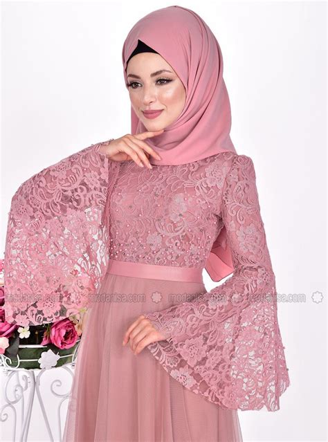 Dusty Rose Fully Lined Crew Neck Muslim Evening Dress