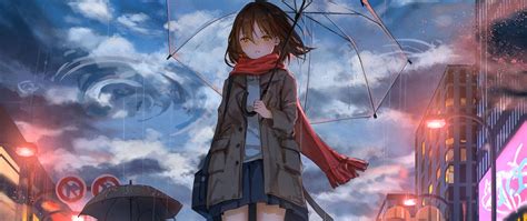 Download Wallpaper 2560x1080 Girl Umbrella Anime Rain