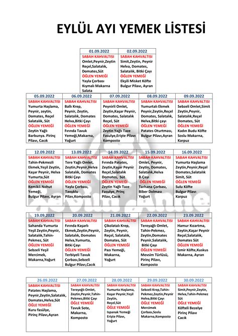 2022 2023 Eğitim Yılı Eylül Ayı Yemek Listesi Sevim Anne Anaokulu