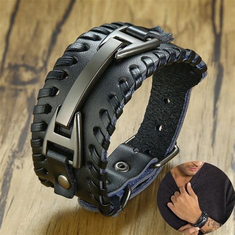 men stylish wide leather bracelet punk braided rope alloy cuff bangle male wristband mens