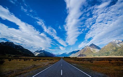 Hd Wallpaper New Zealand Highway Road Mountains Blue Sky White