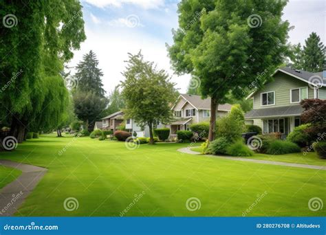 Lush Green Lawns And Well Kept Homes In Residential Neighborhood Stock