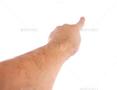 First Person View Of An Isolated Mans Hand Pointing Front With A Finger